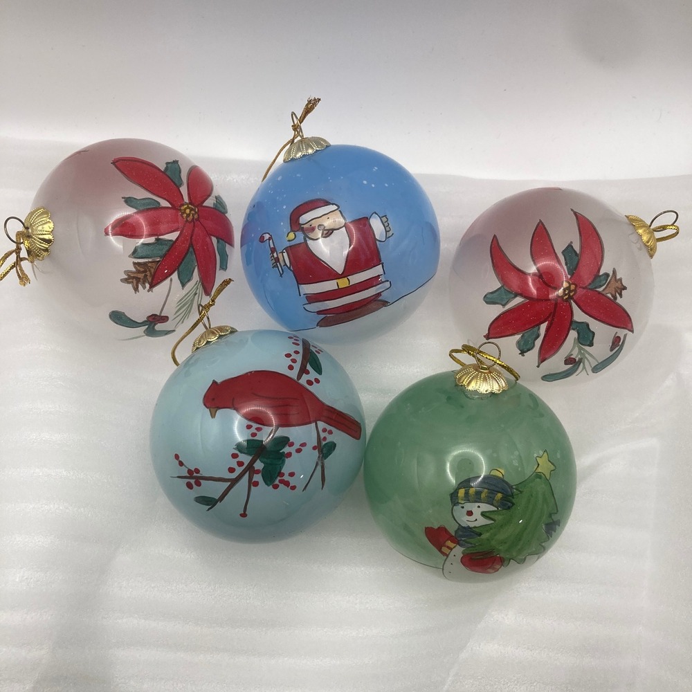 Vtg Hand Painted Glass Ornaments Lot of 5‎ Santa Cardinal Snowman Poinsettia